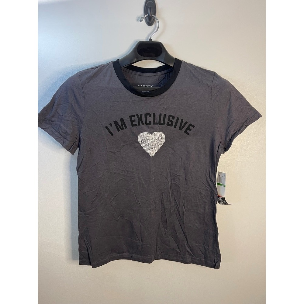 Carbon Copy Womens Im Exclusive Rhinestone Heart Ringer T-Shirt Gray Large‎ NWT